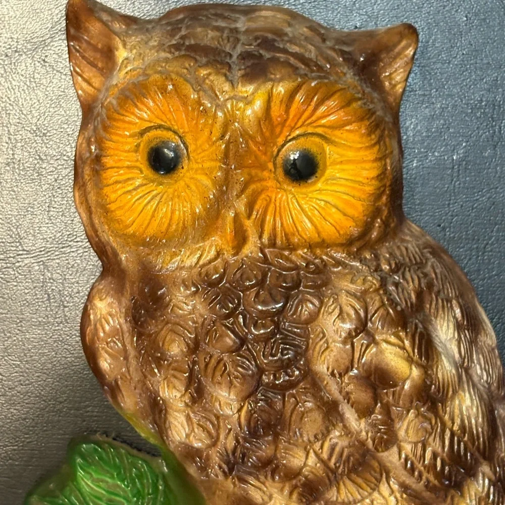 Set of Vintage 1970’s Chalk Owl Wall Hangings - Brown & Orange with Green Leaves